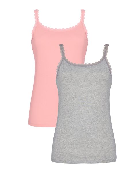 Cotton Traders 2 Pack Lace Trim Vest Tops Bargain Baby Pink Nightwear Women