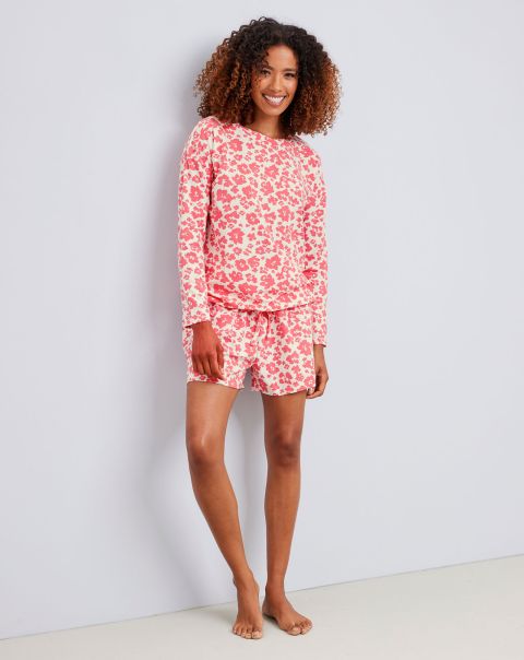 Women Nightwear Cotton Traders Coral Contemporary Long Sleeve Shorts Set