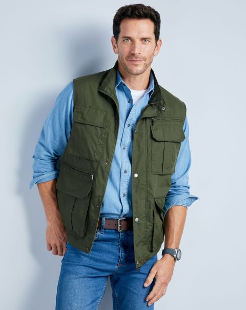 Men The Wanderer Multi-Pocket Gilet Coats & Jackets Cotton Traders Khaki Functional