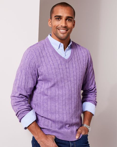 Cotton Traders Cut-Price Men Knitwear Luxury Soft Touch Cable Jumper Soft Violet