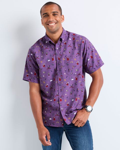 Cozy Cotton Traders Shirts Men Short Sleeve Soft Touch Print Shirt Rich Purple