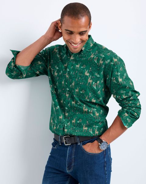 Shirts Dark Emerald Cotton Traders Long Sleeve Soft Touch Print Shirt Lowest Ever Men