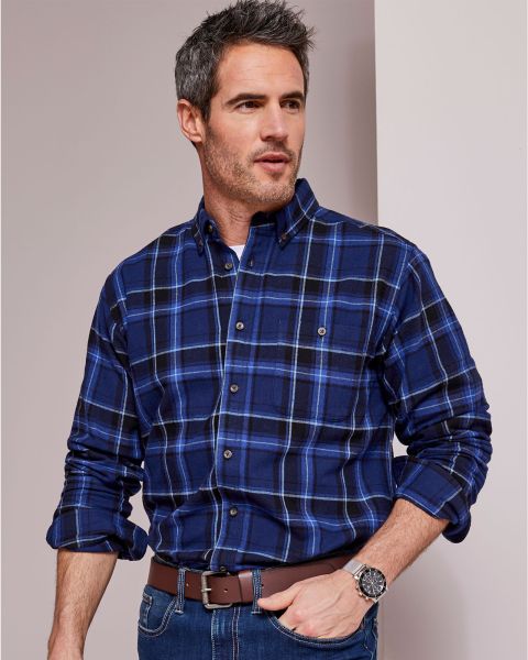 Flannel Check Shirt Men Elegant Cotton Traders Lapis Shirts
