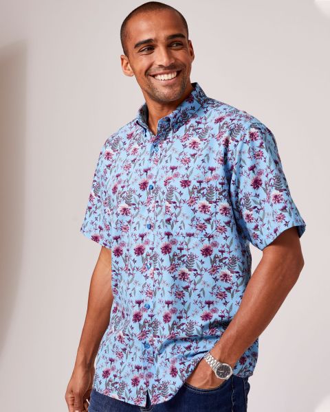 Short Sleeve Soft Touch Print Shirt Shirts Made-To-Order Dusty Blue Men Cotton Traders