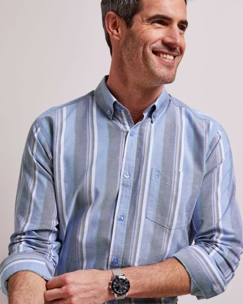 Men Long Sleeve Patterned Oxford Shirt Cornflower Cotton Traders Shirts Rebate