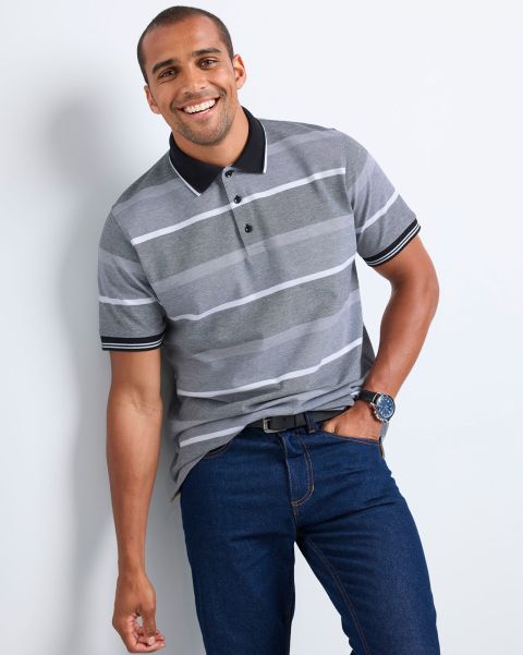 Cotton Traders Black Signature Short Sleeve Birdseye Stripe Polo Shirt Streamlined Men Tops & T-Shirts