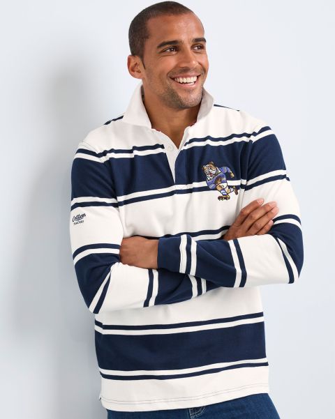 Long Sleeve Embroidered Stripe Rugby Shirt Tops & T-Shirts Navy Cotton Traders Sleek Men