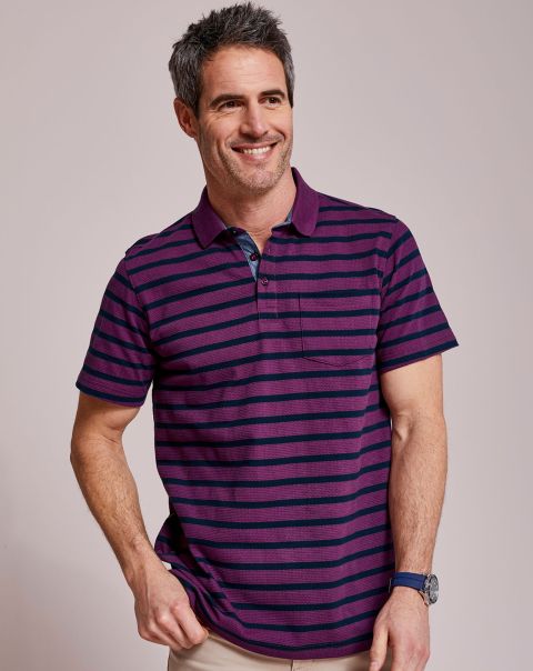 Practical Cotton Traders Tops & T-Shirts Plum Men Textured Stripe Polo Shirt