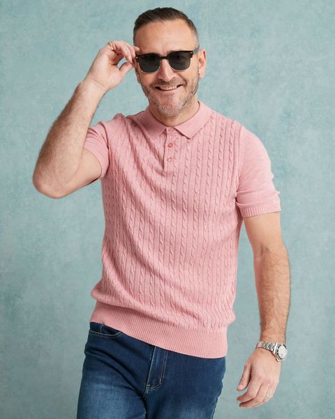 Luxury Soft Touch Cable Polo Soft Pink Refined Tops & T-Shirts Cotton Traders Men