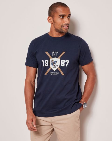 Men Cotton Traders Printed Heritage T-Shirt Seamless Navy Tops & T-Shirts
