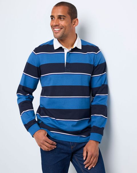 Cotton Traders High-Quality Rugby Signature Long Sleeve Stripe Rugby Shirt Men Azure Blue