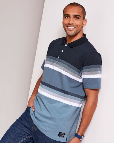 Short Sleeve Graduated Stripe Polo Shirt Pioneering Cotton Traders Men Storm Blue Rugby