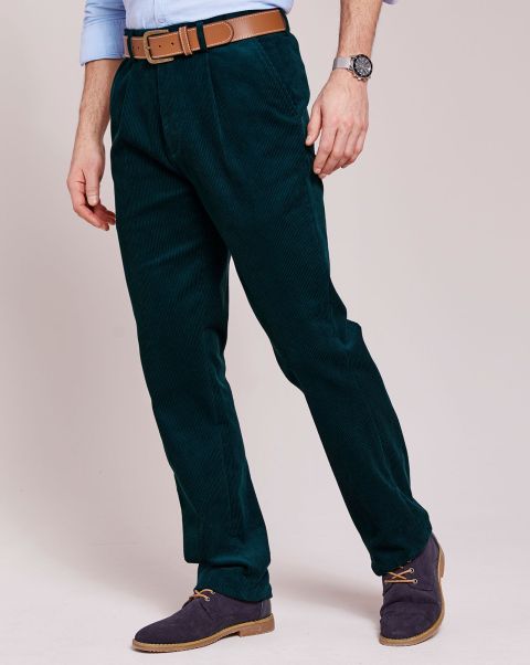 Men Jewel Green Pleat Front Cord Trousers Cotton Traders Clearance Trousers