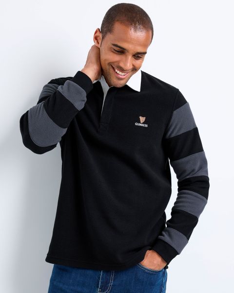 Sports & Leisure Black Men Guinness™ Contrast Sleeve Fleece Rugby Shirt Cotton Traders Online
