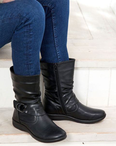 Women Boots Black Genuine Flexisole Mid-Calf Buckle Boots Cotton Traders