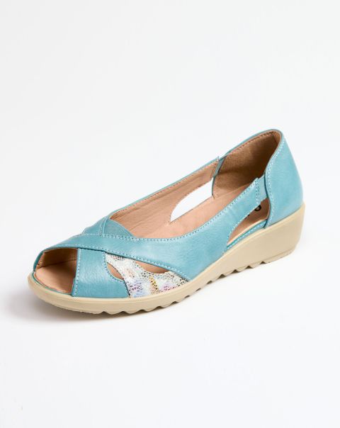 Women Washed Teal Shoes Cotton Traders Flexisole Peep Toe Shoes Made-To-Order