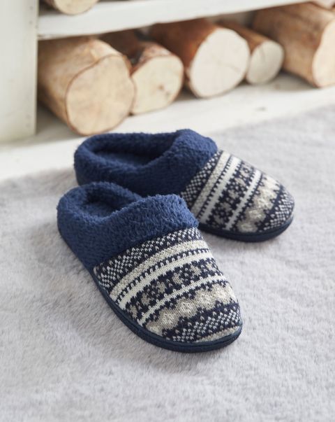 Women Fair Isle Knitted Mule Slippers Navy Cotton Traders Slippers Money-Saving