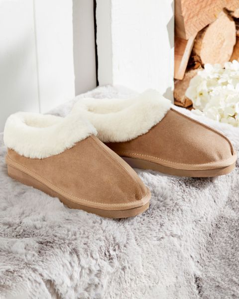 Tan Slippers Deal Suede Plush-Lined Bootie Slippers Women Cotton Traders