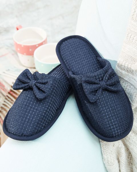 Durable Bow Waffle Mule Slippers Slippers Navy Women Cotton Traders