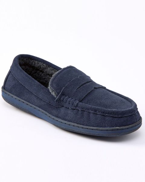 Clearance Slippers Cotton Traders Men Navy Suede Memory Foam Sherpa-Lined Moccasin Slippers