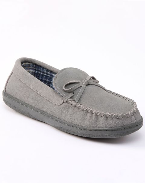 Grey Slippers Suede Check-Lined Moccasin Slippers Cotton Traders Men Money-Saving