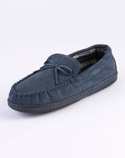 Slippers Cotton Traders Navy Discount Extravaganza Suede Check Lined Moccasin Slippers Men