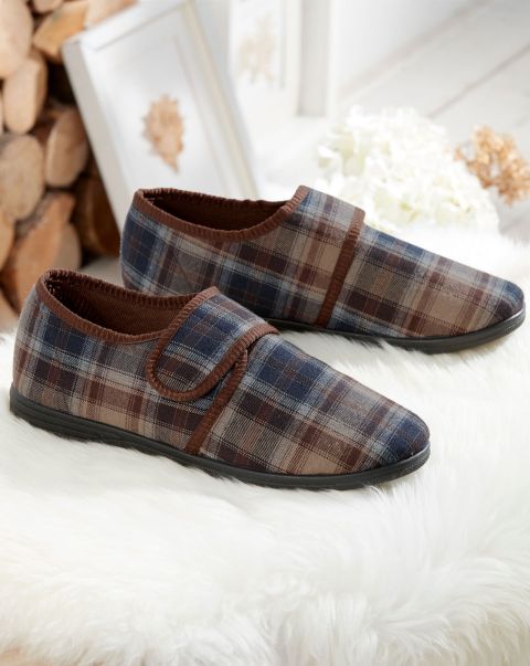 Cotton Traders Slippers Serene Men Brown Adjustable Check Slippers
