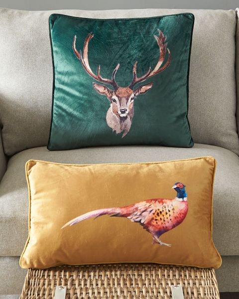 Chic Green Cotton Traders Stag Velvet Cushion Cushions Home
