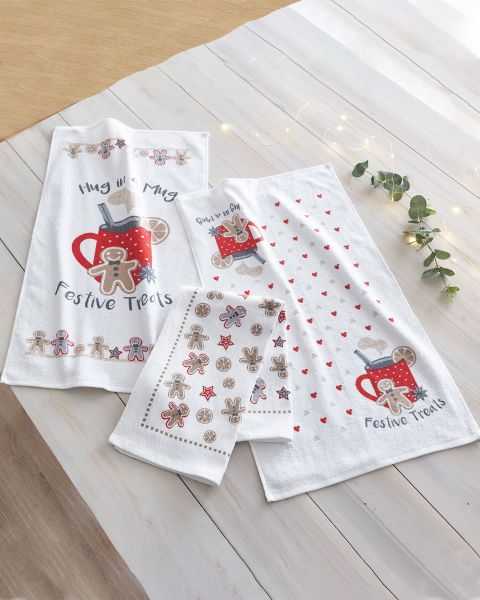 Red Home Textiles 6 Pack Christmas Treats Tea Towel Hot Cotton Traders
