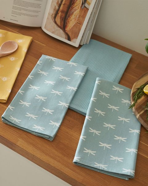 3 Pack Ditsy Animal Tea Towels Home Soft Teal Cotton Traders Pioneer Textiles